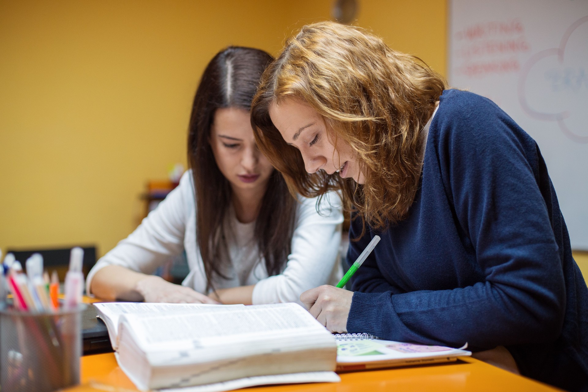 Students preparing exam with tutor