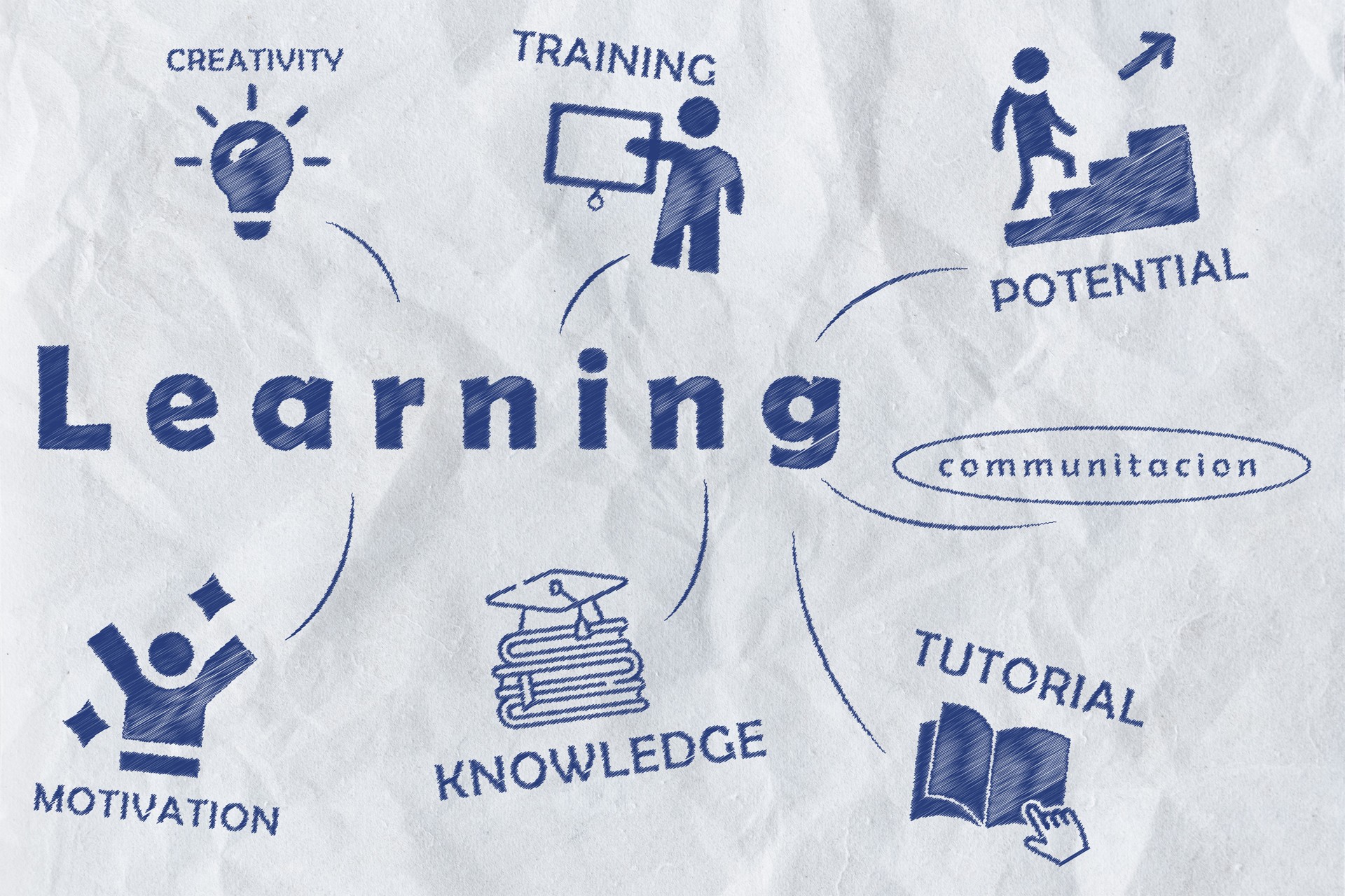 Learning Concept with Hand-Drawn Icons on Crumpled Paper Background